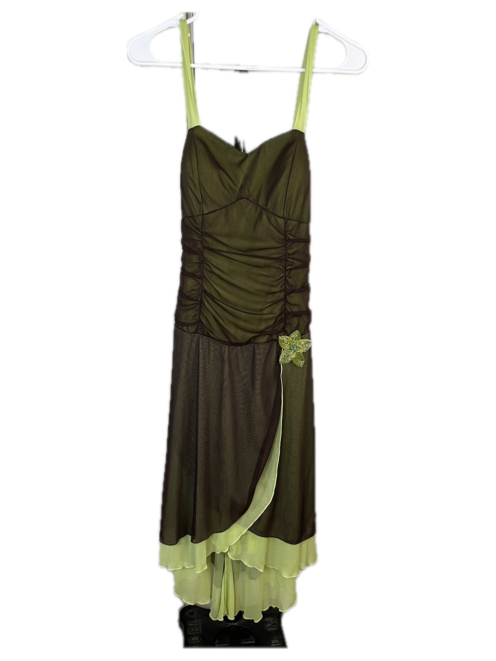 Vintage Y2k Ruby Rox Flowy Fairy RuffleTwo-Tone Layered Dress brown/lime
